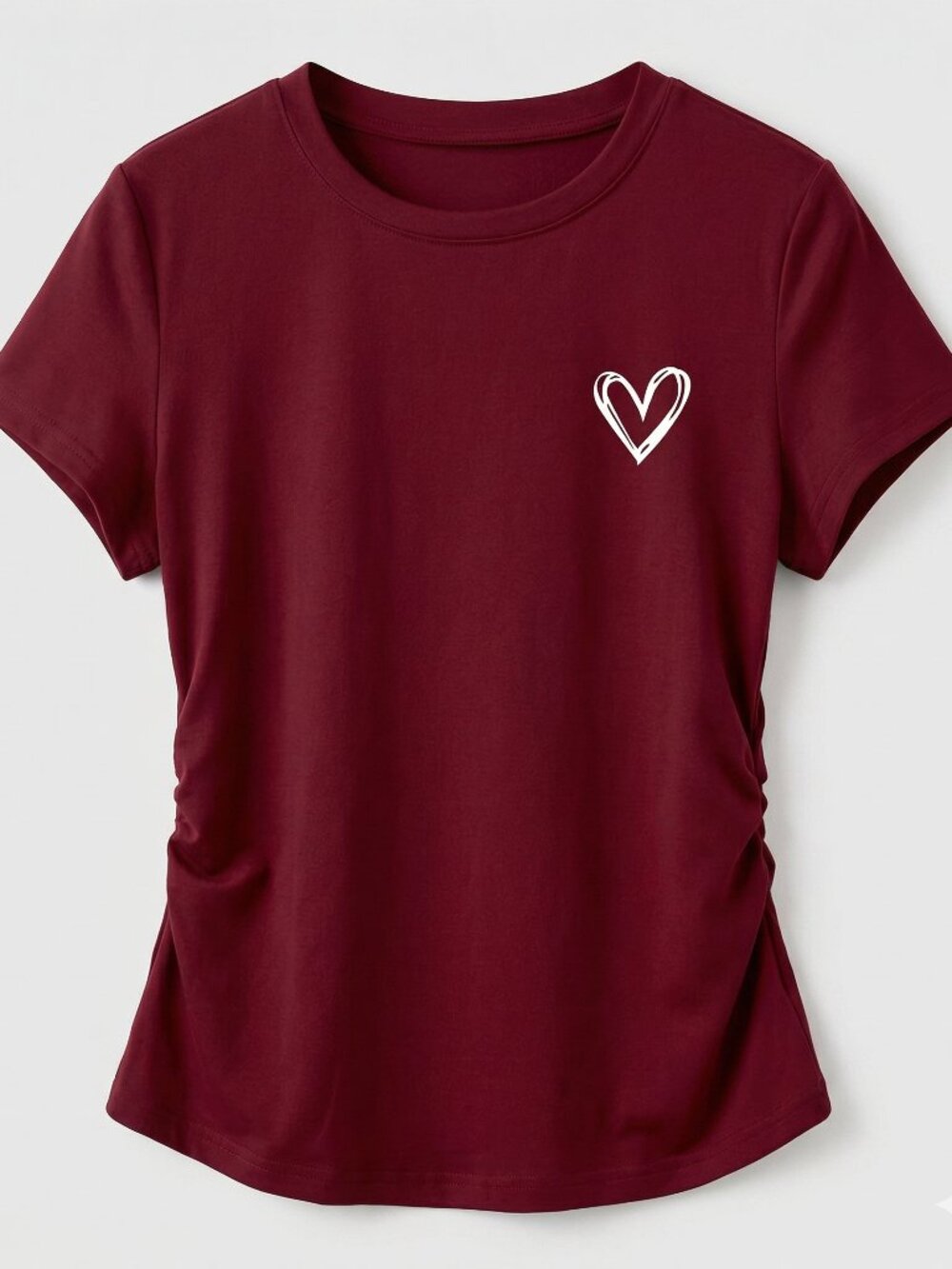 New Burgundy Waist-Cinching Slim-Fit Heart Print T-Shirt